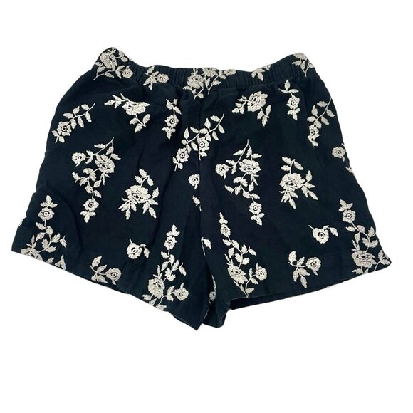 Abercrombie & Fitch Linen Blend Embroidered Floral Pull-On Shorts Black sz Large - Picture 2 of 5
